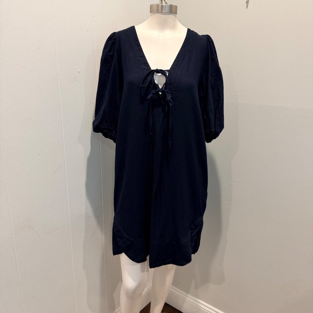 Cynthia Rowley Navy Blue Puff Sleeve Tie Front Linen Blend Mini Dress | Size S